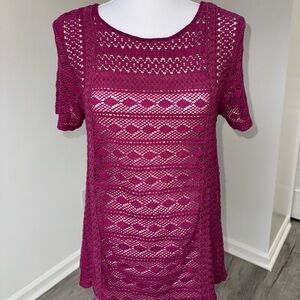 Lucky Brand Fuchsia Crochet Knit Short Sleeve Top Women’s M Boho‎ Festival